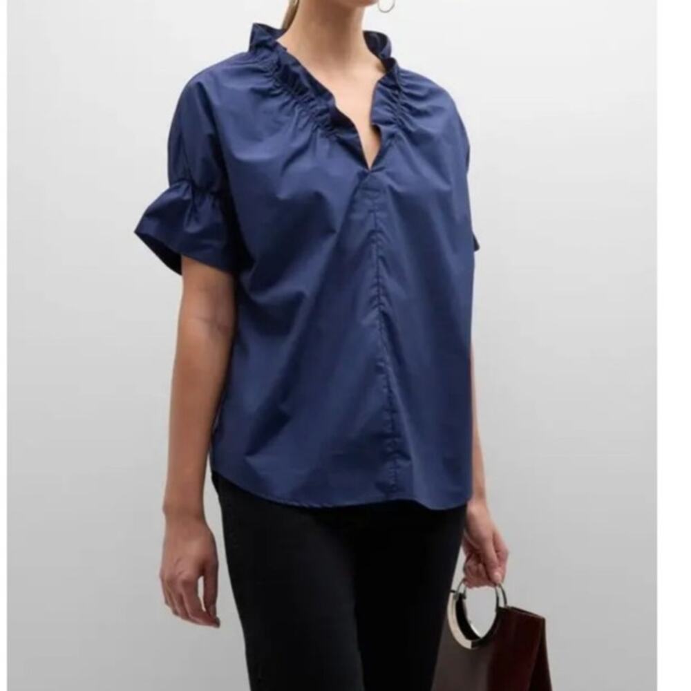 Finley Navy Ruffle Neck Poplin Blouse Puff Sleeve Top Size Large
